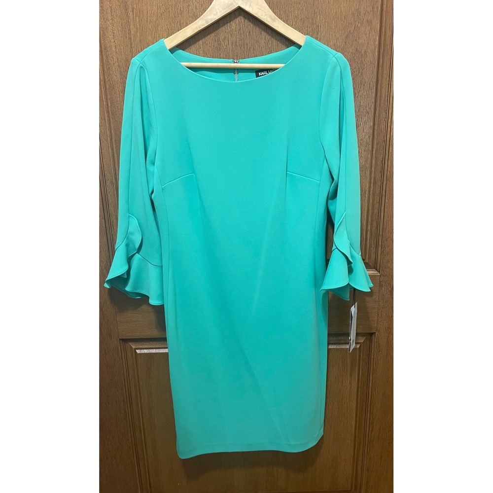 Karl Lagerfeld Paris Turquoise Ruffle Sleeve Sheath Dress Size 6 NWT